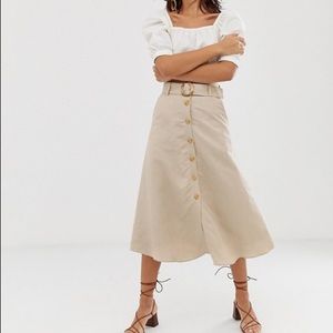 & Other Stories Linen Beige Button Midi Skirt
